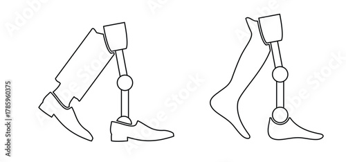 Prosthesis leg. Cartoon disability, artificial prosthetic legs. Artificial leg for comfortable living. Human leg prostheses set. prosthetics concept. Amputees with a leg prosthesis. Bionic legs icon.