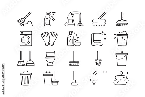 Cleaning and sanitation tools vector icons for hygiene and housekeeping themes