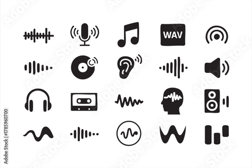 Sound wave and music equipment icon collection in modern black vector style