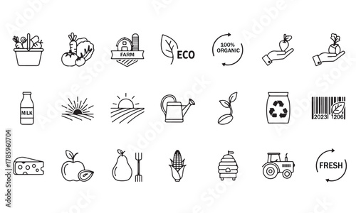 Farming organic food and agriculture icons set