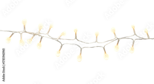 A string of warm white led christmas lights with a curved shape isolated on transparent background