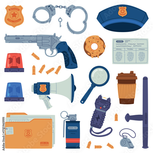 Police Equipment and Professional Policeman Object Vector Set