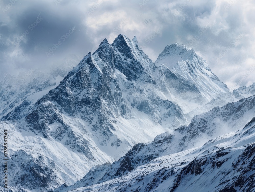 Obraz premium Dramatic Snowy Mountain Peaks Winter Landscape Cloudy Sky Majestic Alpine Scenery