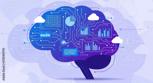 Vector illustration of an AI brain with circuits and data flow. Ideal for technology, artificial intelligence, and futuristic innovation concepts.