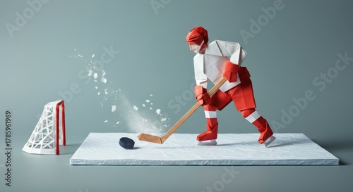 Stylized papercraft hockey player in red and white taking a slap shot toward a goal on a minimal stage, dynamic studio scene