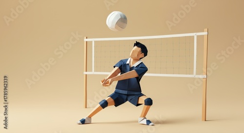 Geometric papercraft volleyball player receiving the ball in front of a net on a warm studio backdrop, clean minimal style