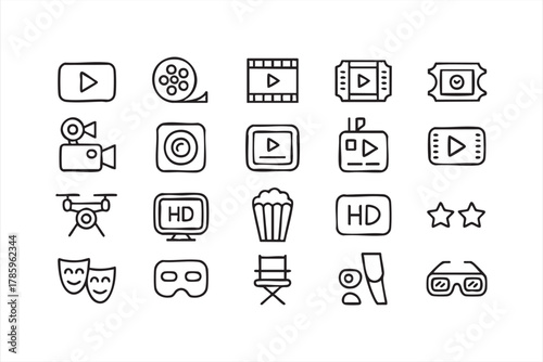 Black line art illustration set for movie, video, and streaming projects