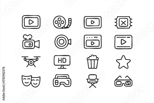 Simple outline icons of cameras, play buttons, and director tools