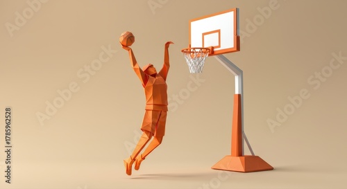 Stylized papercraft basketball player soaring for a one-hand dunk beside a hoop, warm monochrome studio scene