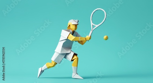 Geometric papercraft tennis player stepping into a backhand swing on a clean cyan studio set, modern minimal sports look