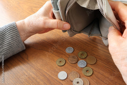 Photos Empty wallet and Japanese coins on wooden table, concept of poverty and saving m