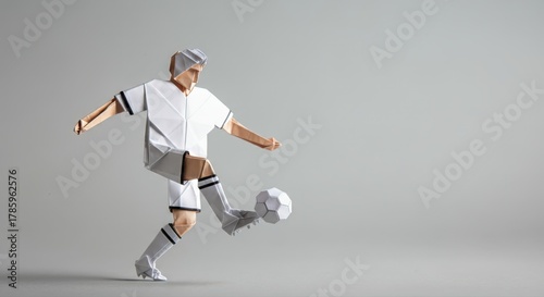 Minimal low-poly papercraft footballer striking a ball on a neutral gray studio background, clean modern concept