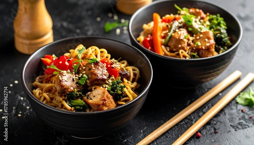 Two black bowls brimming with a colorful noodle dish, topped with tofu, vegetables, and sesame seeds, alongside chopsticks