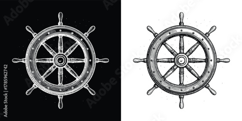 Vintage ship steering wheel illustration, a classic nautical symbol of navigation and maritime adventure, isolated on white background