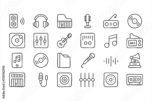 Minimalist music and audio vector icons for recording and entertainment themes