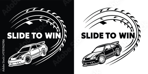 Sports car drifting with tire marks and text slide to win, graphic design