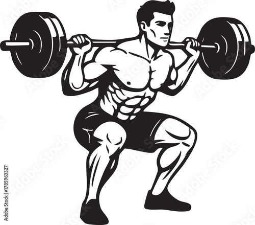 Silhouette of a muscular man doing barbell squat – strength training and fitness illustration