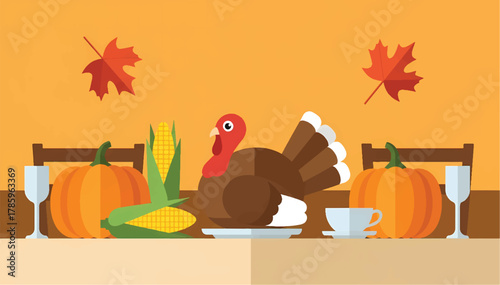 A festive flat illustration of a Thanksgiving dinner table with a autumn leaves.