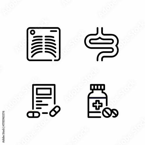Medical Icon Set Featuring XRay Intestines Prescription and Medicine Bottle for Healthcare and Wellness Promotion