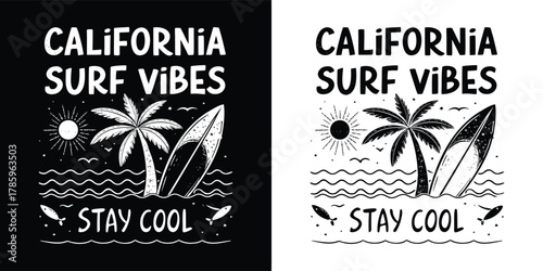 California surf vibes graphic with sun, palm trees, surfboard, and waves, promoting a relaxed beach atmosphere