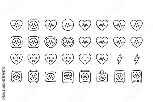 Black and white heart rate and ECG symbols for medical design
