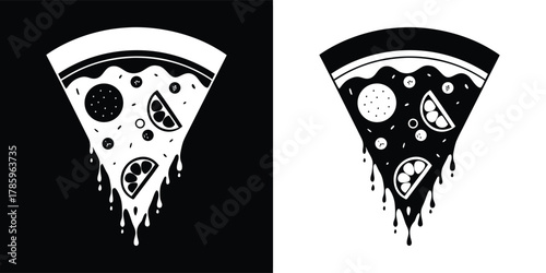 Slice of pizza with dripping cheese and toppings like pepperoni and tomato, depicted in a bold graphic style, presented in both black and white versions