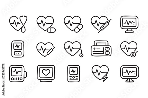 Black and white health monitor and cardiogram icons for hospital use