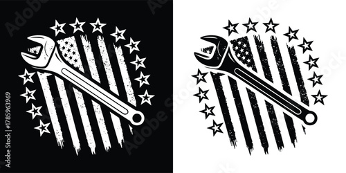 Distressed wrench and american flag emblem, symbolizing patriotism and skilled labor, presented in both black and white versions for versatile design applications