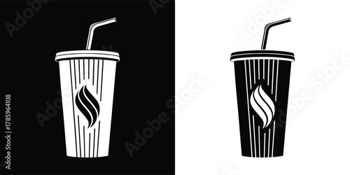 Black and white illustration of a soda cup with a straw and a flame logo, set against a black background and a white background