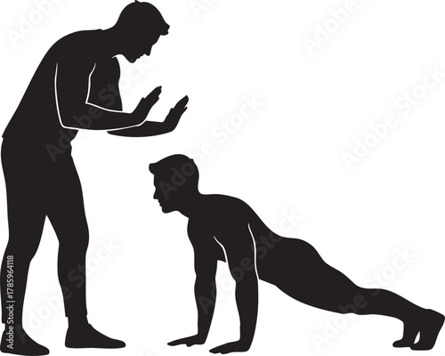 Silhouette of personal trainer coaching man doing push-up exercise