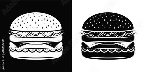Stylized illustration of a doubledecker hamburger with lettuce and cheese, presented in both black and white versions for design flexibility
