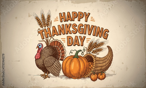 Vintage Thanksgiving Day greeting card illustration with a traditional turkey.