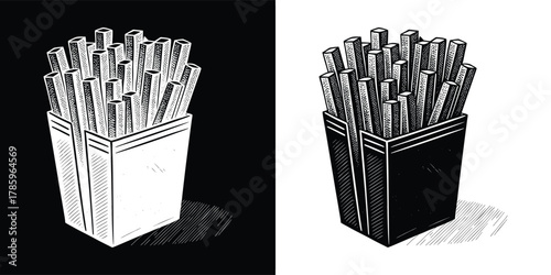 Hand drawn illustration of french fries in a dark carton, isolated on white background