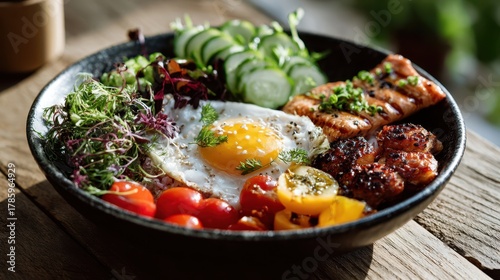 A vibrant dish in a black b...
