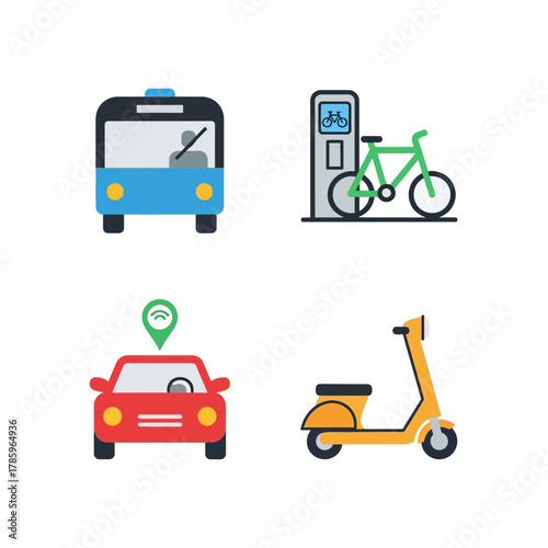 Diverse Urban Transportation Options - Bus, Bike, Car, and Scooter.