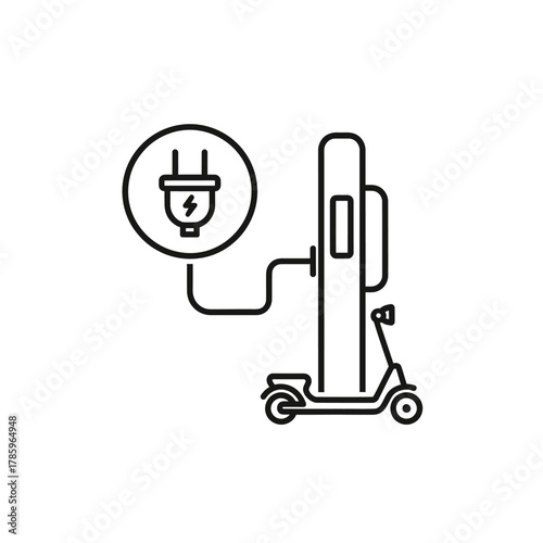 Electric scooter at a charging station line art icon.