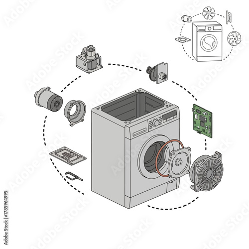 Exploded View Diagram of a Modern Washing Machine Components.