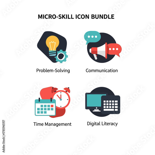 Micro-Skill Icon Bundle - Problem-Solving, Communication, Time Management, Digital Literacy.