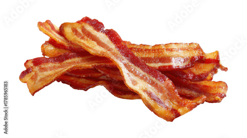 A pile of bacon strips on a white background