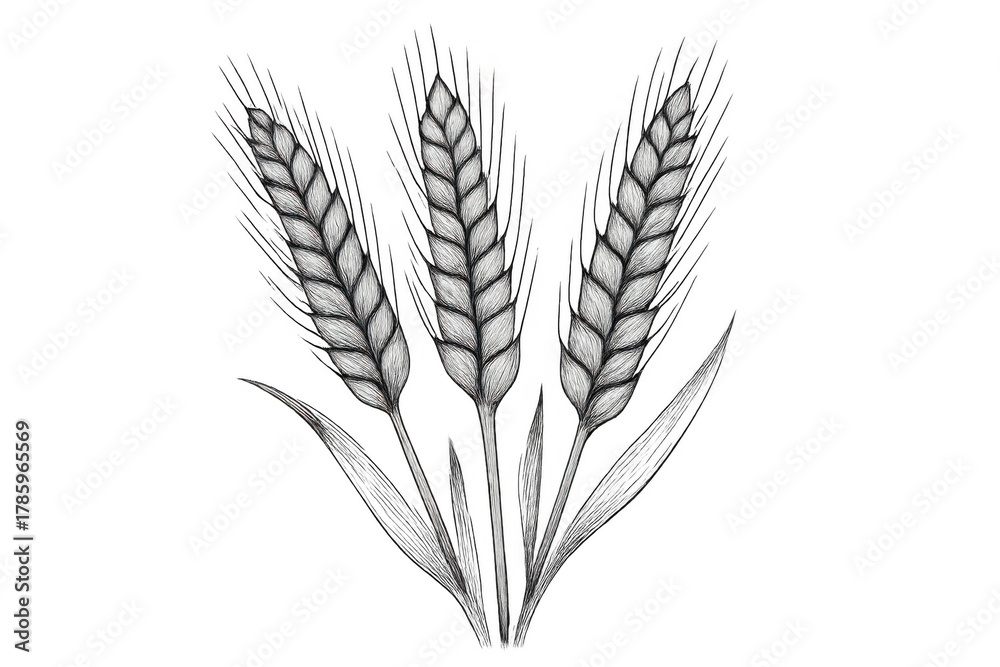 Obraz premium Wheat ears drawing in black and white, depicting ripe cereal crop for agriculture, food, and harvest themes. Transparent background