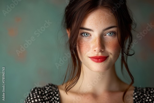 Young woman with red lipsti...