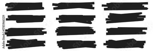 Collection of black marker strokes various shapes and sizes perfect for highlighting text or adding emphasis to designs EPS vector