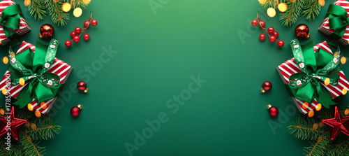 Merry Christmas and Happy Holidays greeting card, frame, banner. New Year. Red Christmas ornaments and gifts, presents on green background top view. Xmas holiday festive theme. Christmas decoration