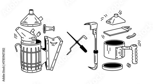 Beekeeping Tools Illustration - Smoker, Hive Tool, and J Hook.
