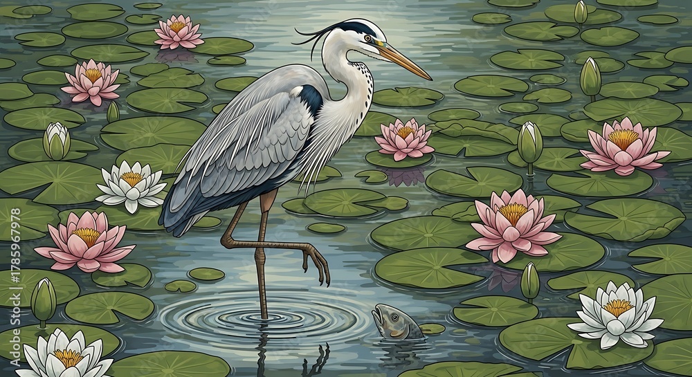 Naklejka premium Elegant Grey Heron Standing Gracefully Among Pink and White Water Lilies in a Serene Pond.