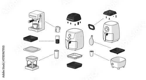 Exploded view illustration of various kitchen appliances.