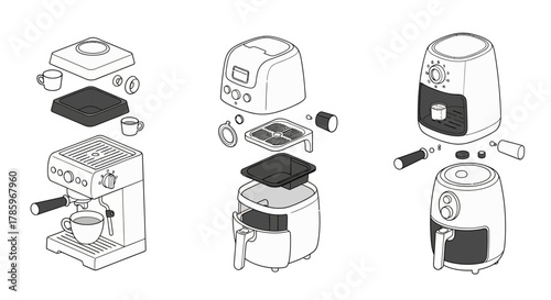 Exploded View of Kitchen Appliances - Coffee Maker, Toaster Oven, Air Fryer.