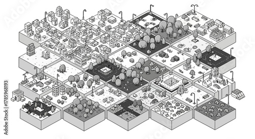 Isometric Cityscape Illustration Depicting Urban and Natural Elements.