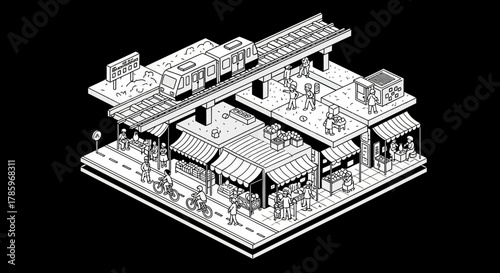 Isometric view of a city with elevated train and shops.