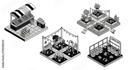 Isometric view of market stalls and garden plots illustration.